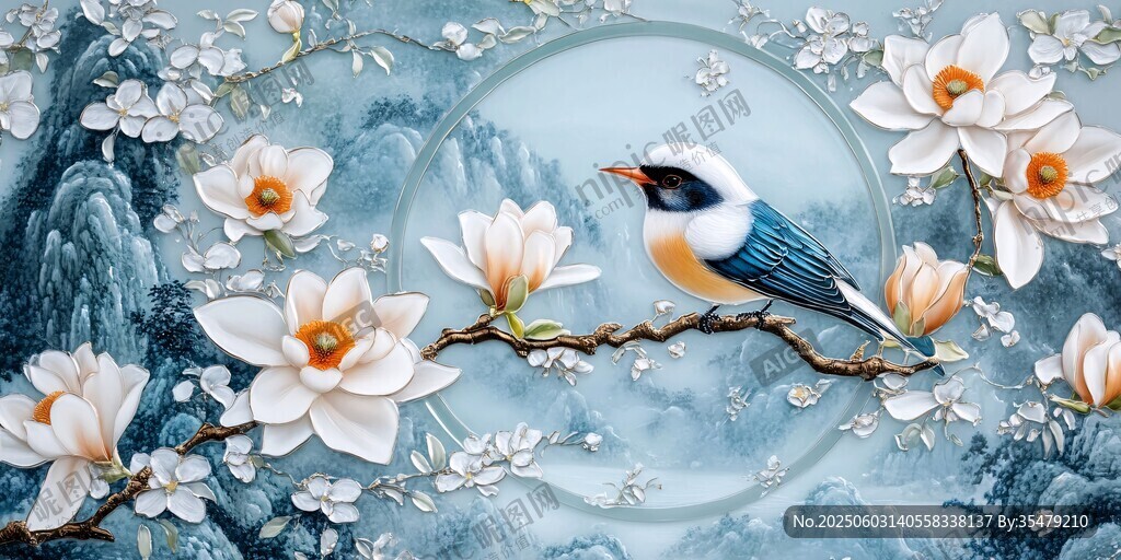 玉蘭花枝上的靈動小鳥