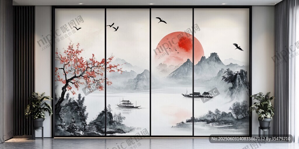 中式山水花鳥屏風(fēng)裝飾畫