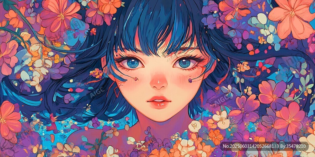 花海中的夢幻藍(lán)發(fā)少女