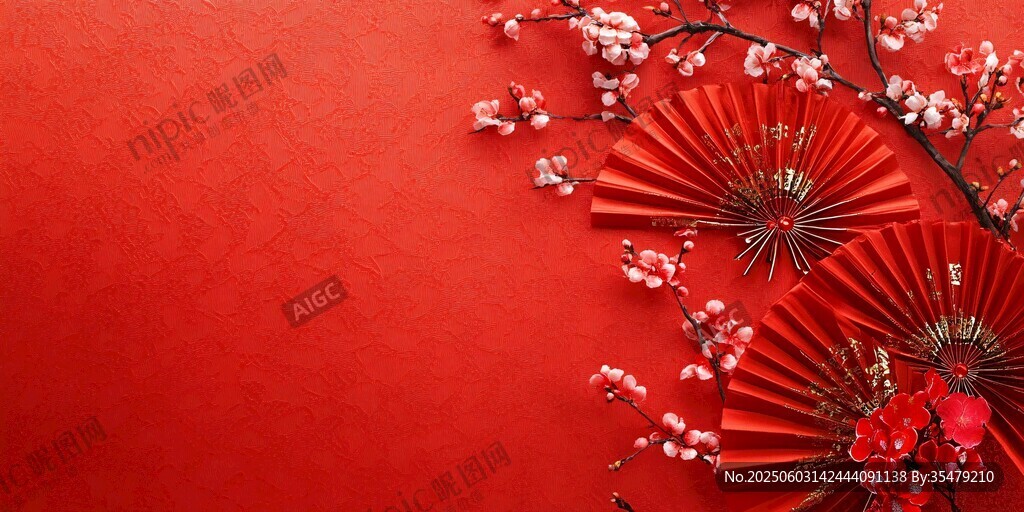 喜慶紅背景下的折扇與花枝