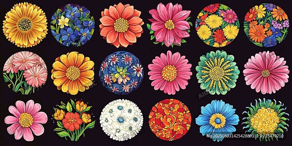 多彩花卉圓形圖案集合