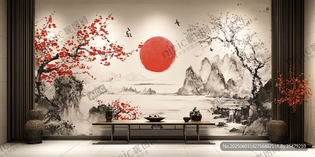 中式山水紅日花鳥背景墻