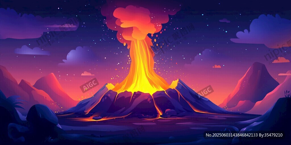 夢幻火山夜景爆發瞬間