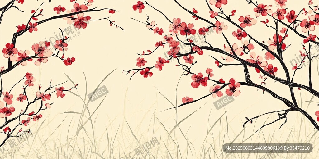 水墨紅梅與野草意境圖