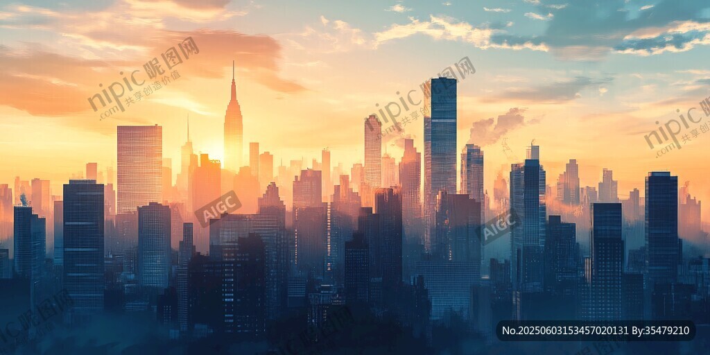 夕陽(yáng)下的繁華都市天際線