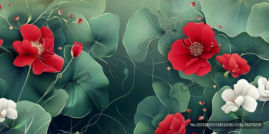 紅花綠葉交織的唯美花卉圖