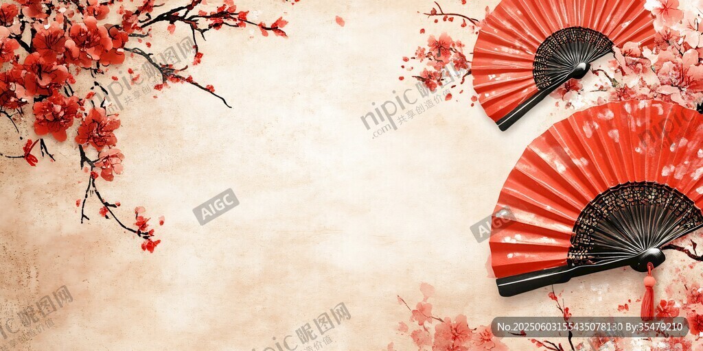 中式紅扇與紅梅雅致背景
