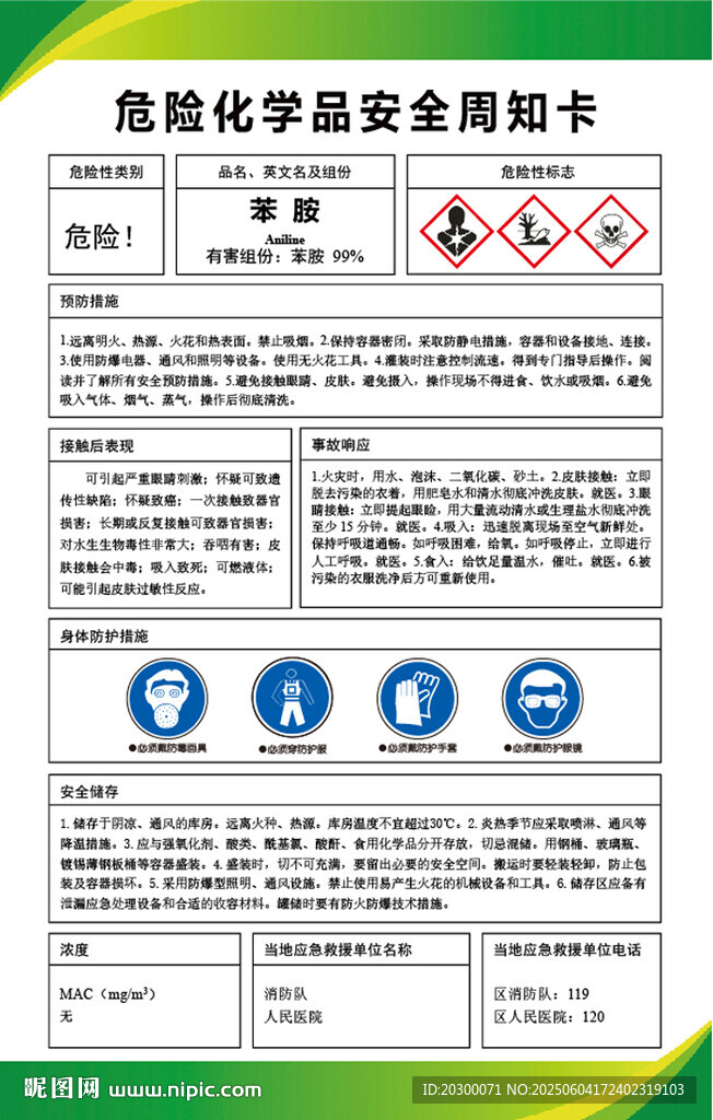 苯胺 危險(xiǎn)化學(xué)品安全周知卡