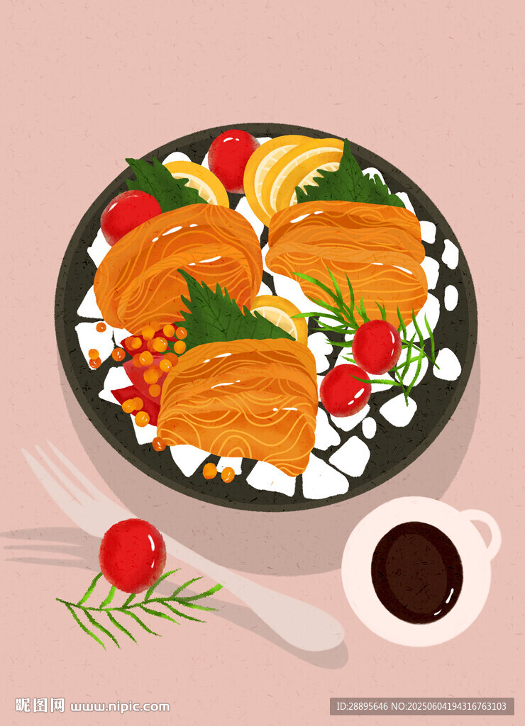 美味三文魚日式料理拼盤手繪插畫