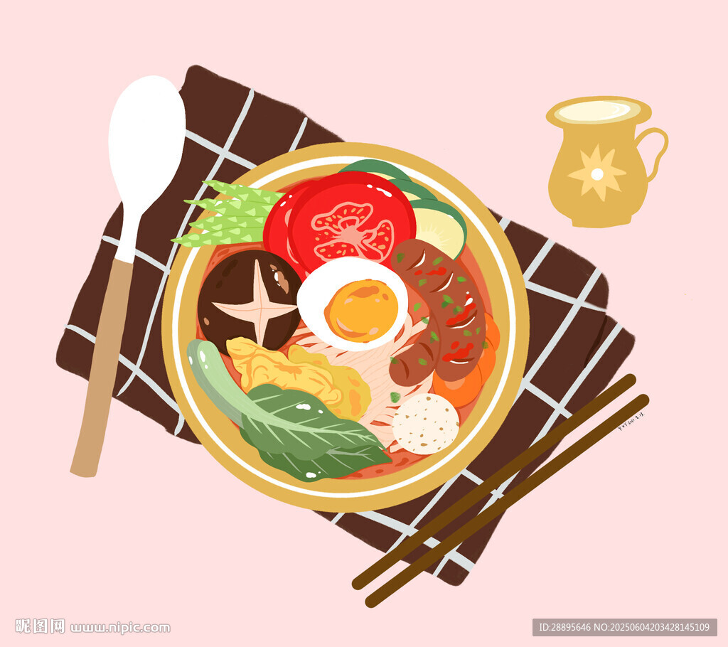 美味西紅柿雞蛋面套餐手繪插畫