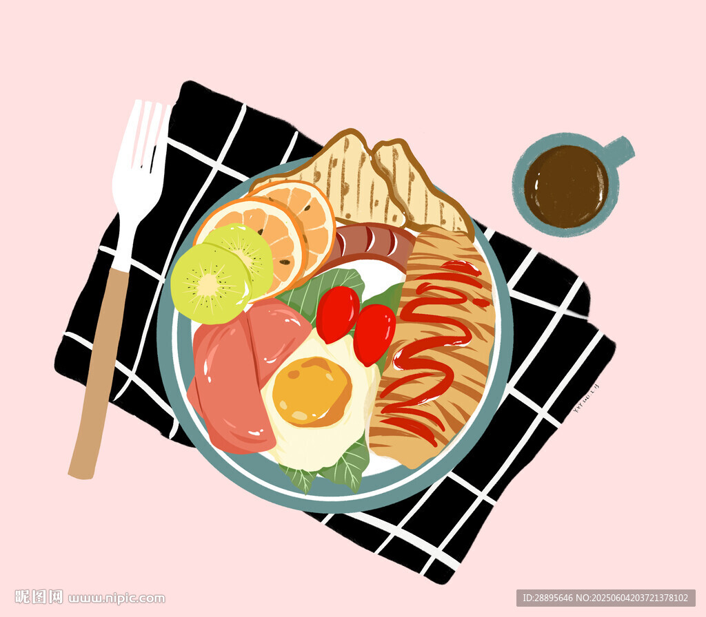 蛋包飯豐盛早餐擺盤(pán)圖手繪插畫(huà)