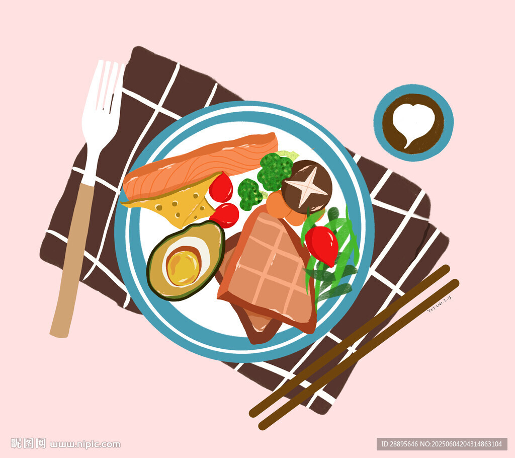 豐盛美味的三明治餐食拼盤手繪插