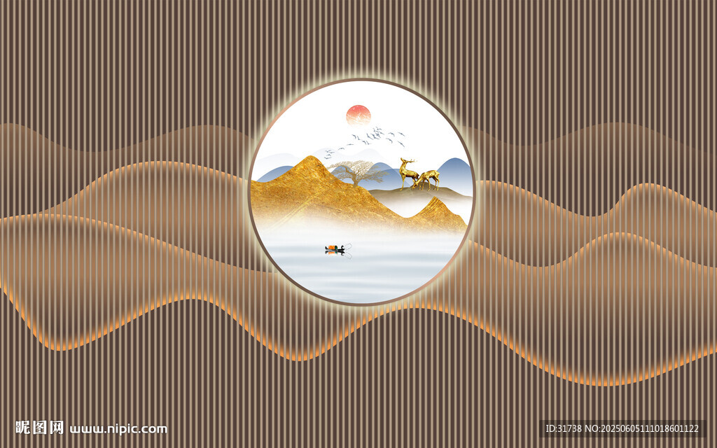 新中式格柵山水畫幕墻背景墻