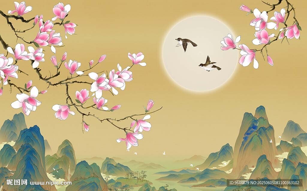 新中式花鳥山水背景墻