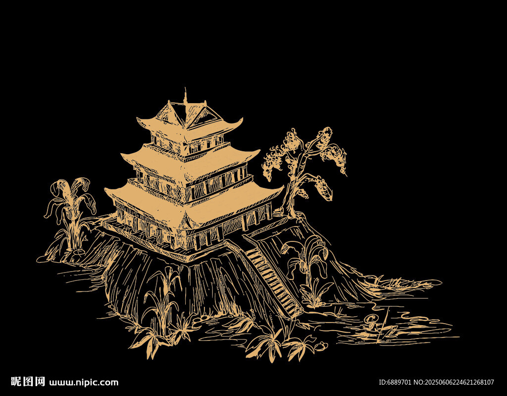 古風(fēng)金色樓閣插畫