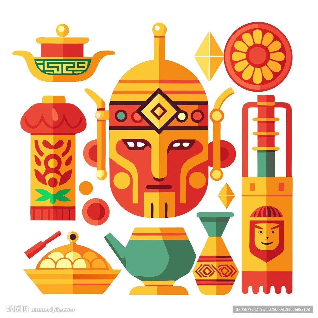 傳統(tǒng)中式器物與面具圖案