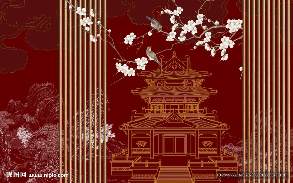 中式古風建筑與花卉圖景
