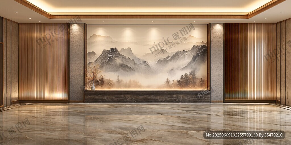 中式山水風(fēng)豪華大廳背景墻