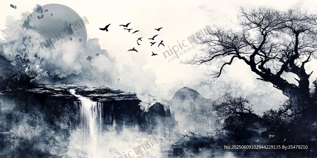 水墨山水間飛鳥枯樹之景