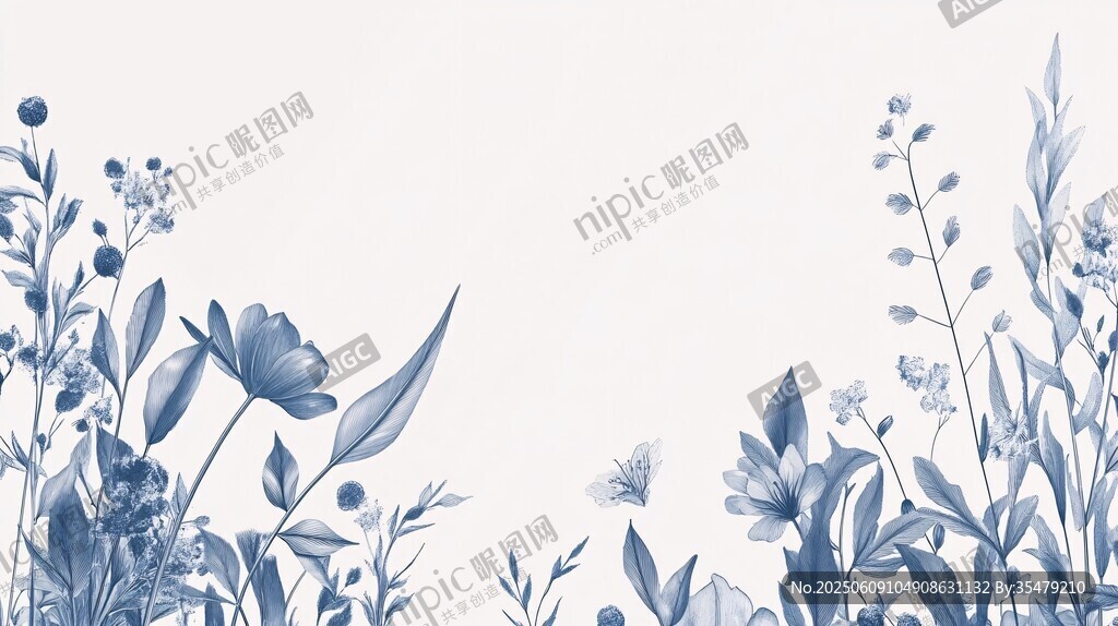 藍調(diào)花卉邊框插畫背景圖