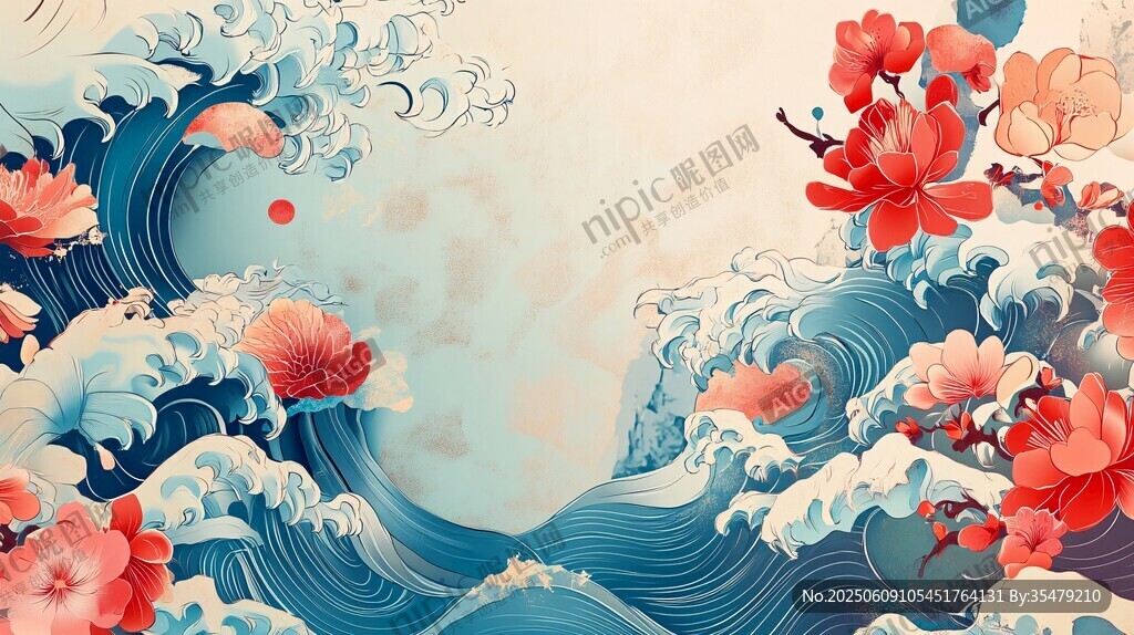 浮世繪風格海浪花卉插畫