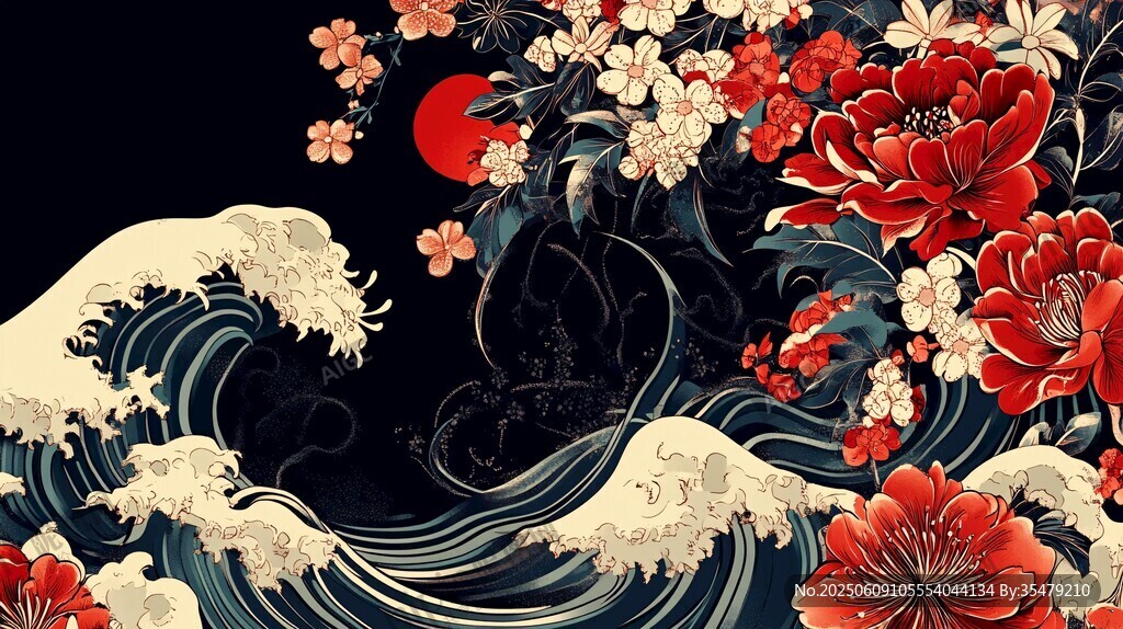 浮世繪風格海浪花卉圖