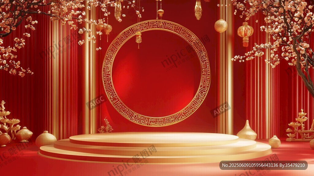 中式喜慶舞臺(tái) 紅金華麗場(chǎng)景