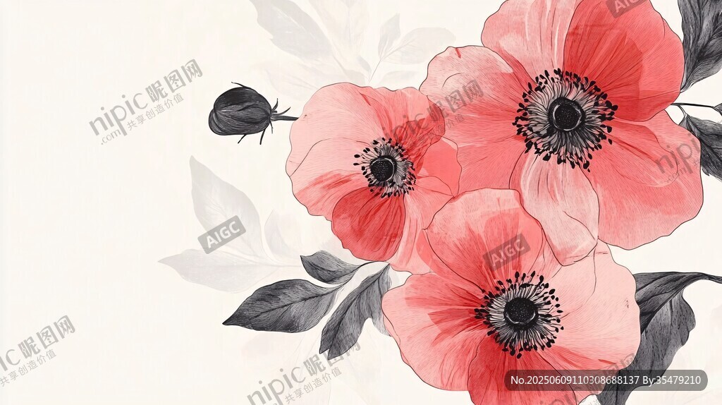 水彩風(fēng)粉紅花朵與小蟲