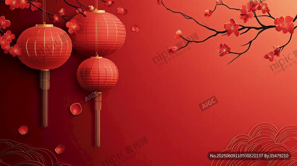 喜慶紅燈籠配紅梅背景
