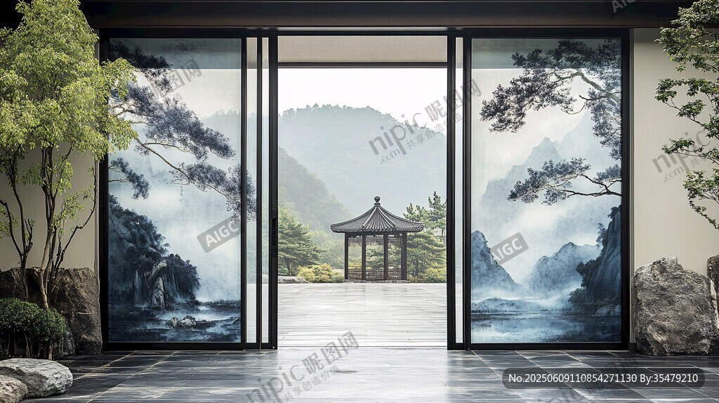 中式庭院 門啟山水禪意景