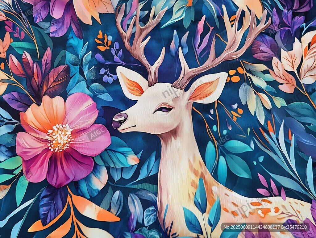夢幻花卉中的優(yōu)雅小鹿