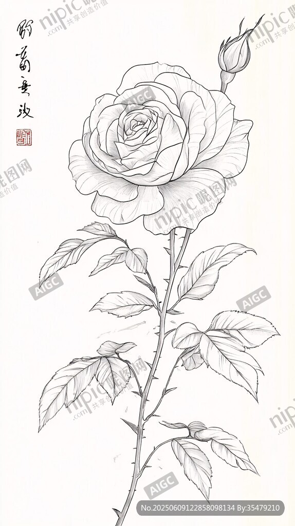 白描月季花圖