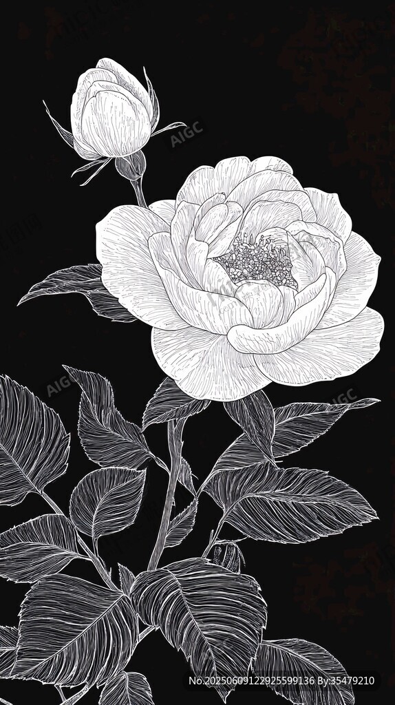 白描花卉圖 優(yōu)雅玫瑰綻放