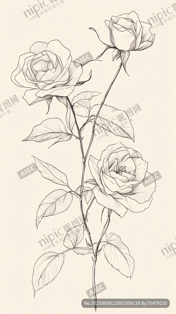 手繪素描玫瑰花卉圖