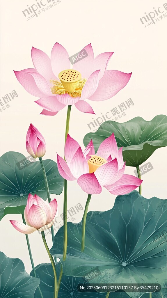 粉色荷花綻放清新水墨畫