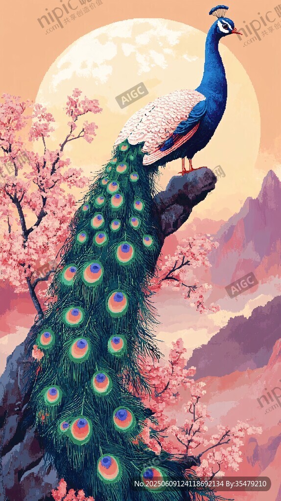 月夜孔雀棲于繁花枝頭