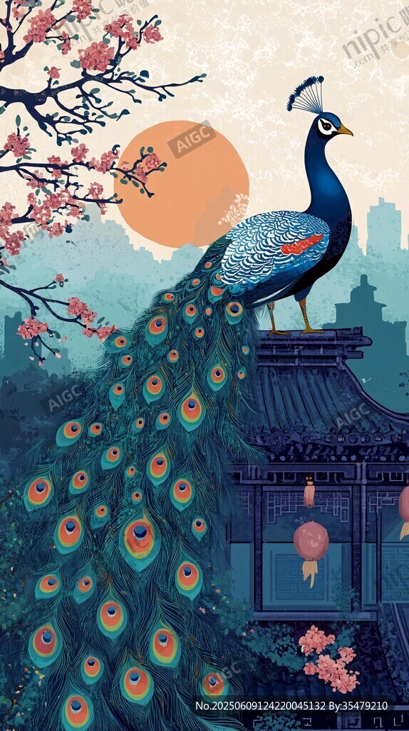 孔雀棲于中式樓閣賞景