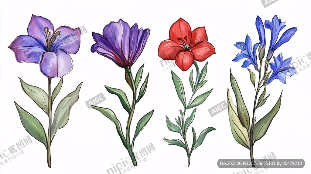 四色花卉水彩插畫