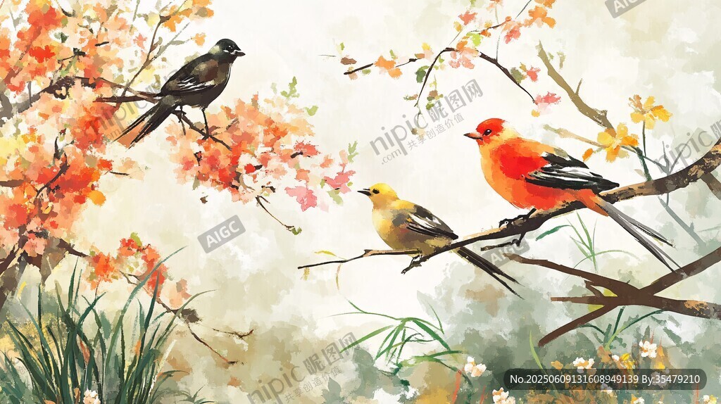 春日枝頭三鳥圖