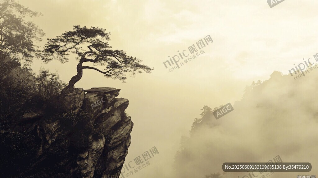 懸崖孤松 云霧繚繞之景