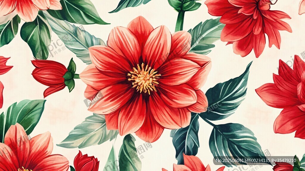 艷麗紅花朵葉無縫圖案