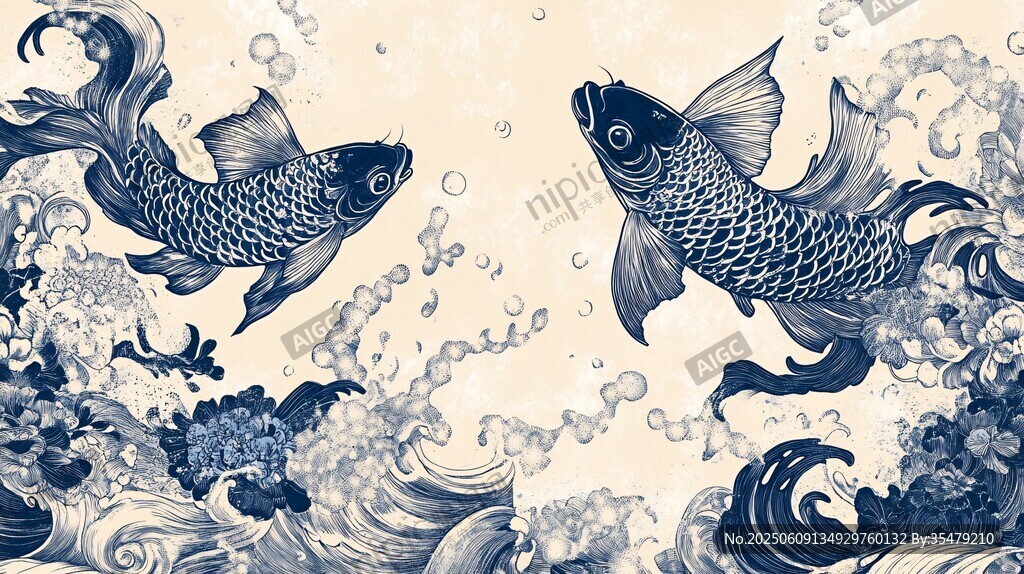 雙鯉戲浪圖