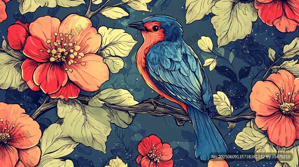 花鳥相依的絢麗插畫