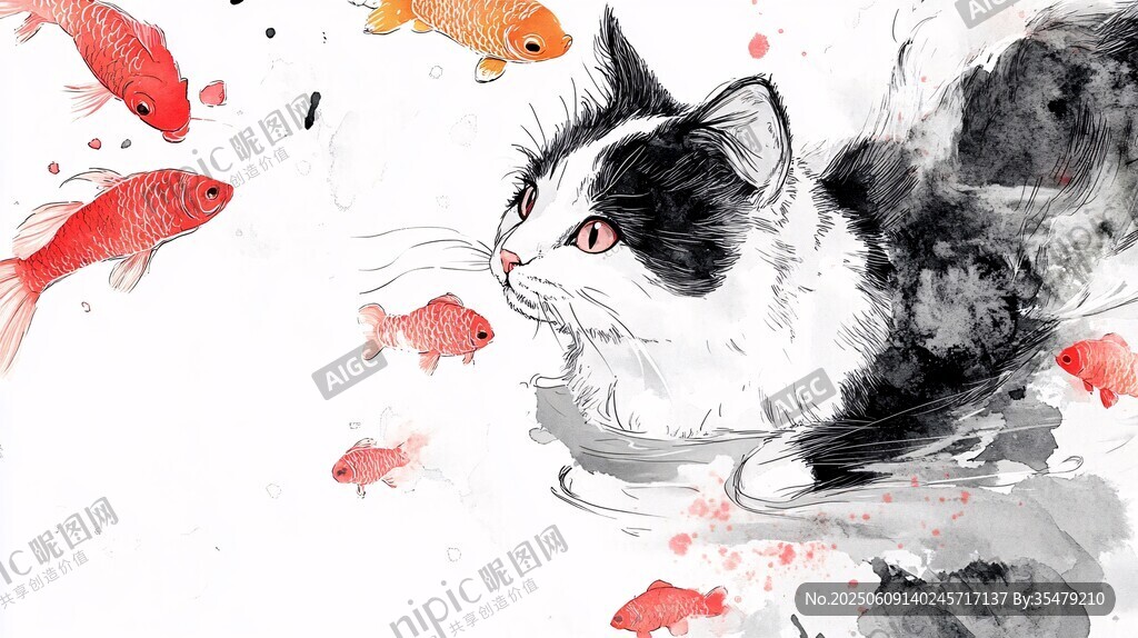 黑白貓咪戲游紅金魚