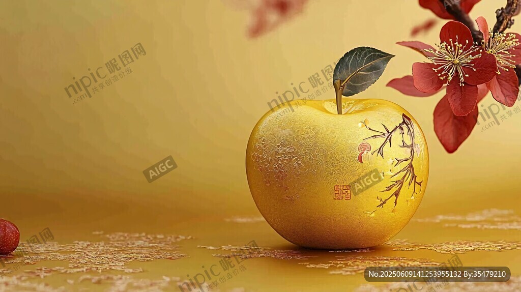 金蘋(píng)果配紅梅喜慶場(chǎng)景