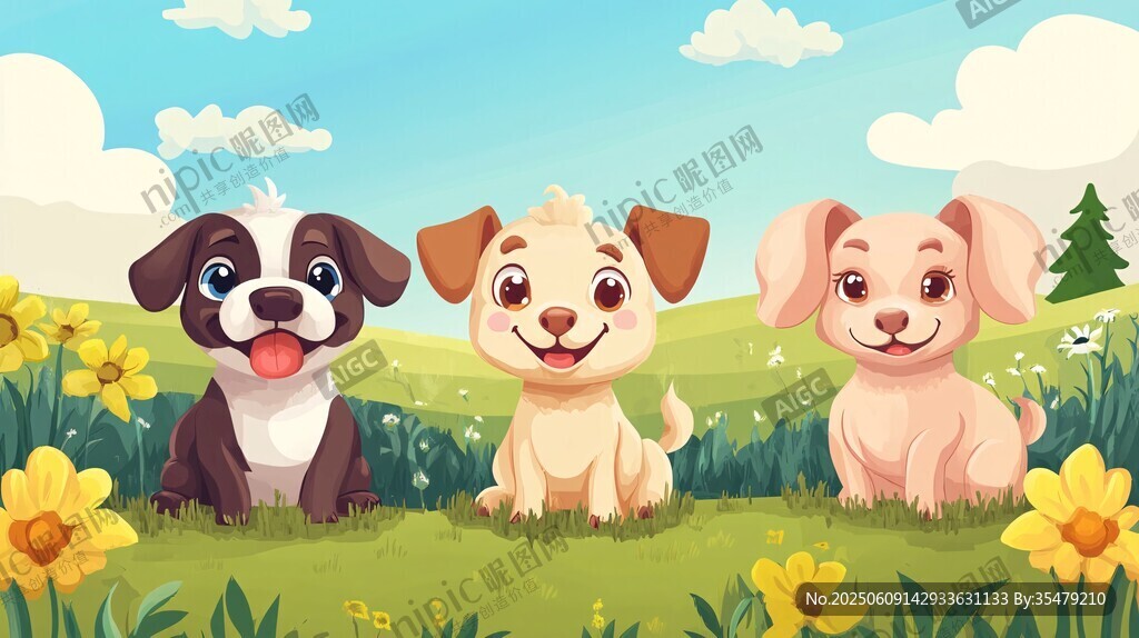 三只萌犬在花叢草地嬉戲