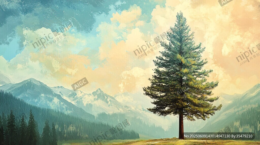 孤松屹立于山巒美景間
