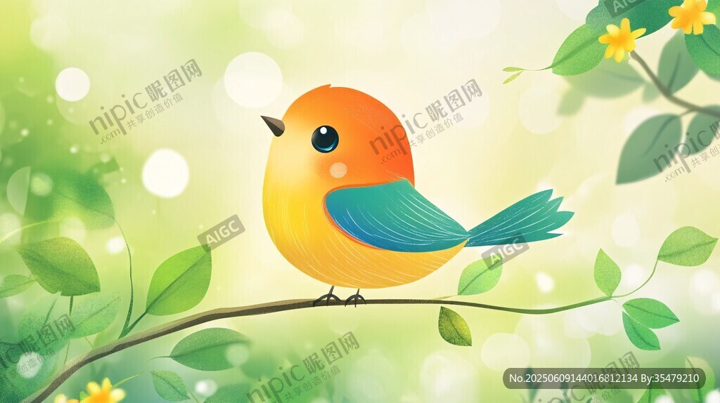 枝頭小鳥 清新自然插畫