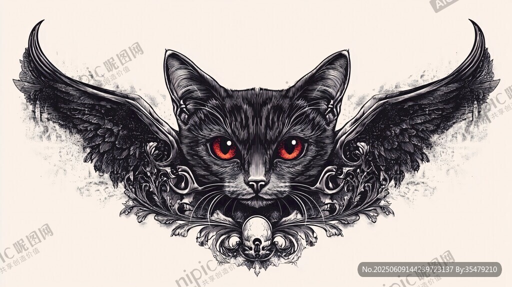 黑貓展翅帶骷髏奇幻圖案