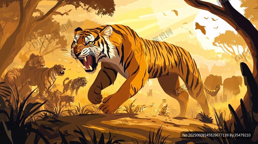 森林中咆哮的威猛老虎